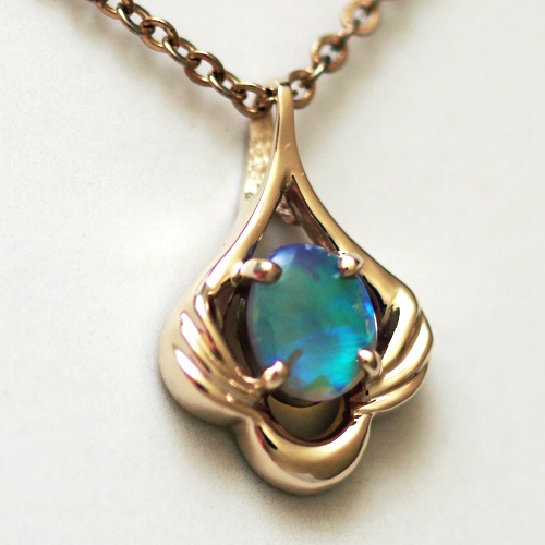 14k Yellow Gold Pendant with a SOLID CRYSTAL OPAL Large rolling flashes of peacock blue and green